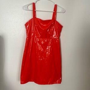 Patent Orange faux leather mini dress 🧡